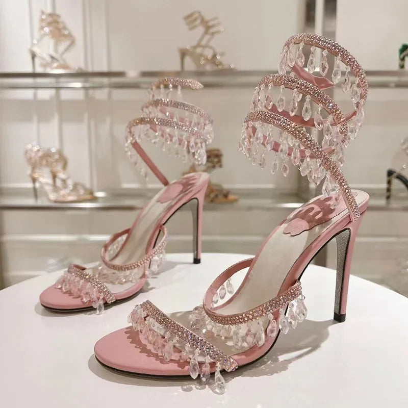 Luxury High Heels Sandals Women Crystal Pendant Snake Twine Around Ankle Strap Wedding Shoes Summer Bohemian Sandals Woman