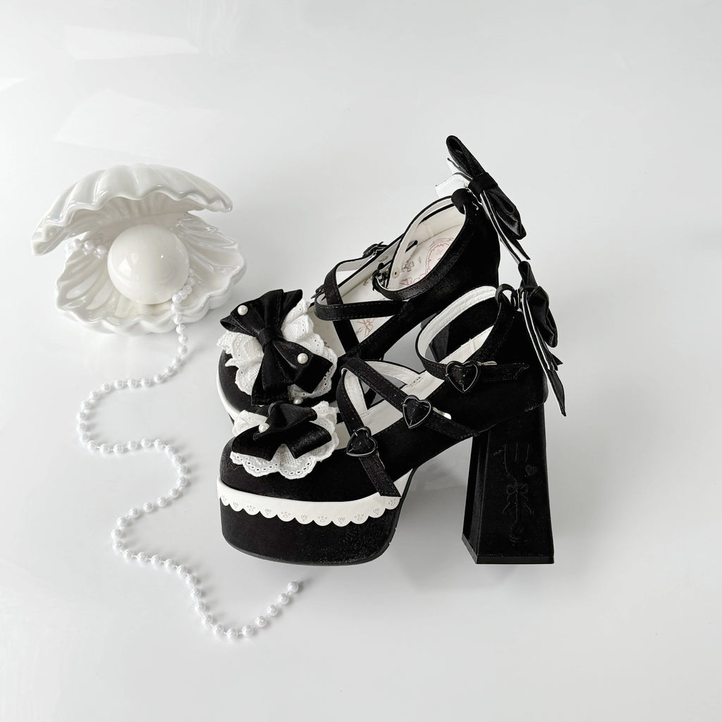 Lovely Girls Lolita High Heels Platform Shoes ,Young Women Students Sweet Pearl Lace Bowknots Embroidery Ankle Strap Mary Janes
