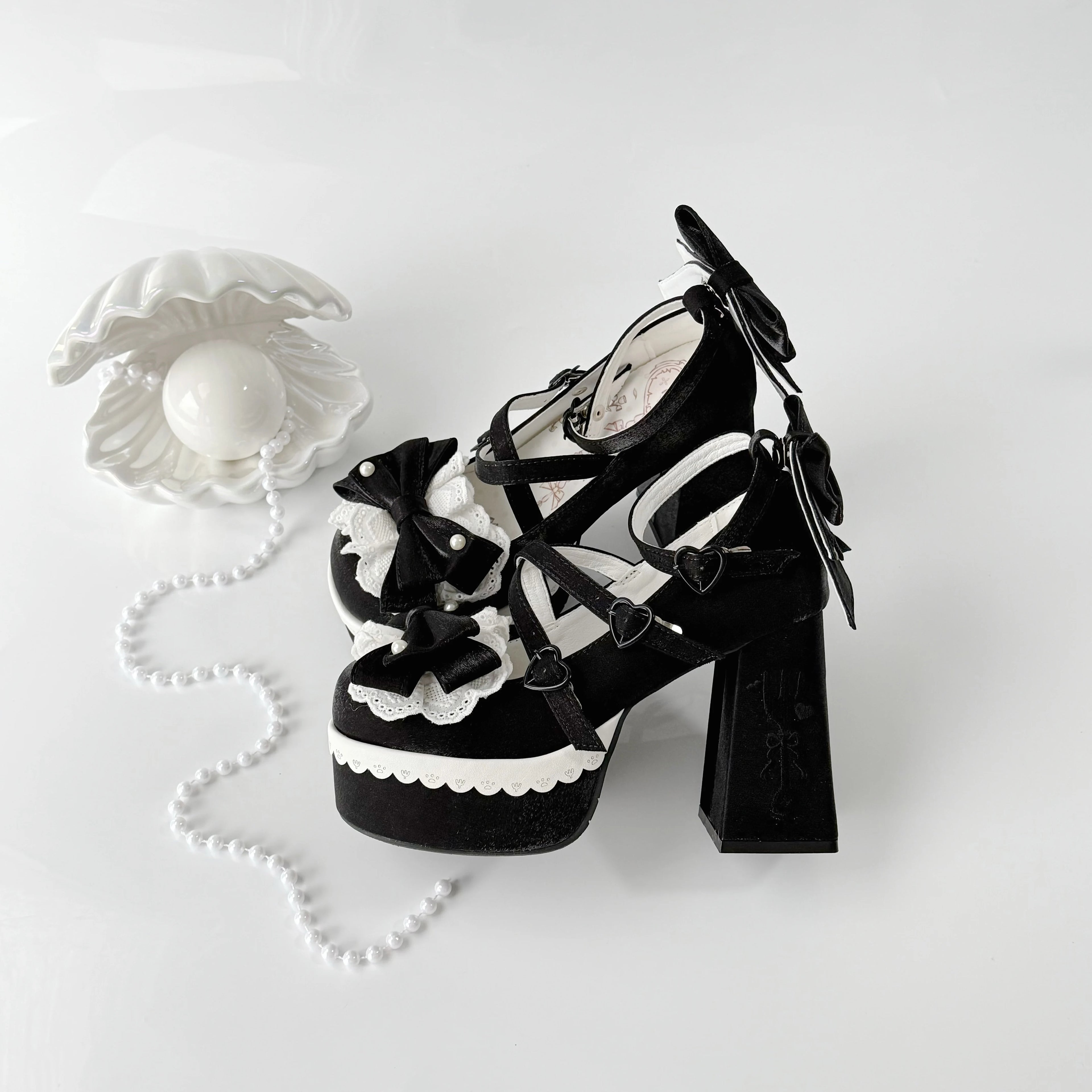 Lovely Girls Lolita High Heels Platform Shoes ,Young Women Students Sweet Pearl Lace Bowknots Embroidery Ankle Strap Mary Janes