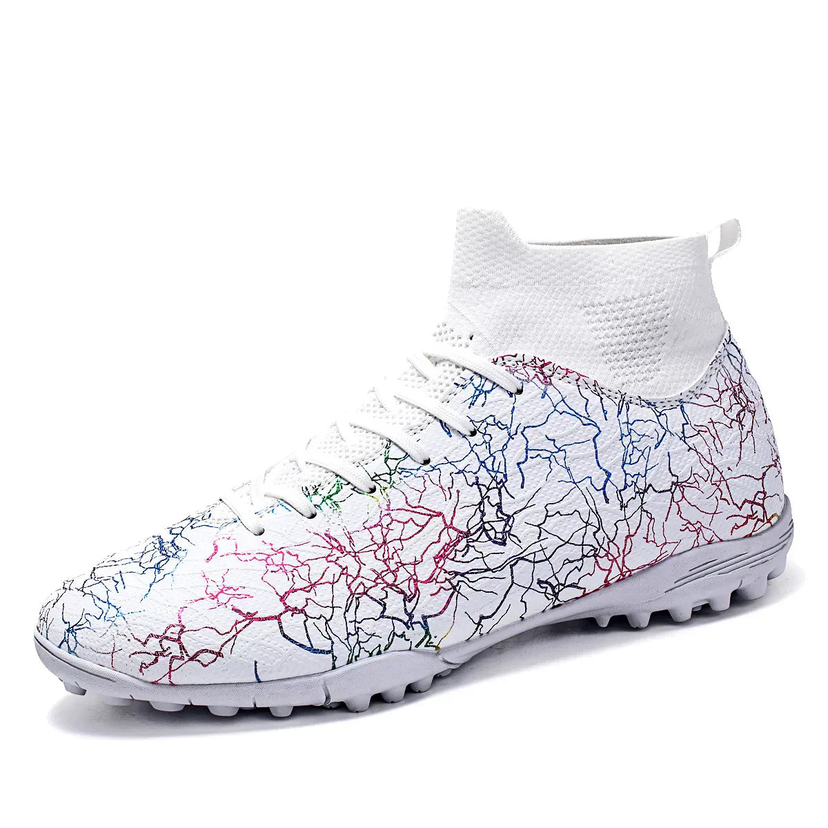 High quality, high-top football shoes, unisex style, comfortable, breathable, available in TF and FG options.  Sole spikes