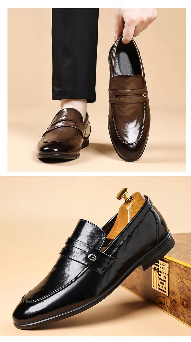 2026 Spring New Men's Glossy Leather Loafers Slip-On Business Casual Dress Shoes Male Non-slip Formal Office Shoes for Man