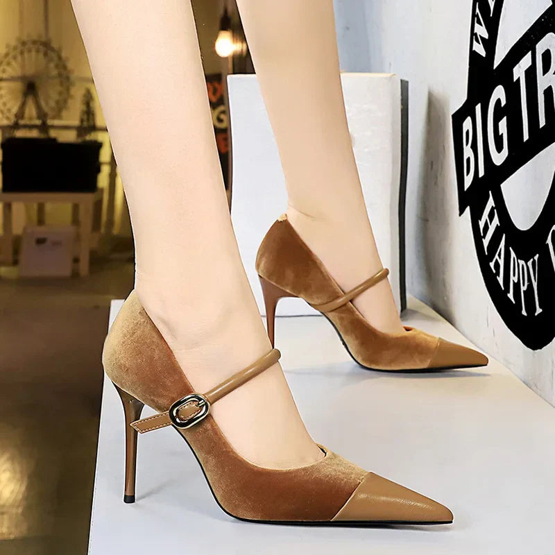 Korean Version Party 10cm 7cm High Heels Women Shoes Thin Heels Velvet Shallow Montage Pointed Toe Metal One-line Buckle Pumps