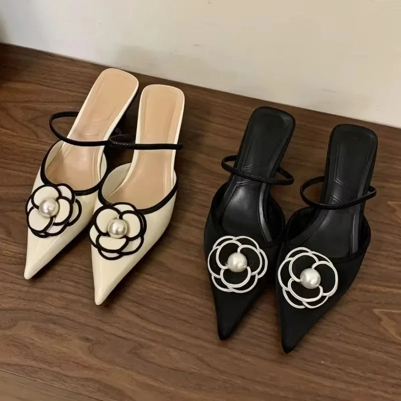 2025 Flower Pointed Toe High Heels Women Luxury Designer Sandals Female Summer Elegant Fashion Pumps Flower Mule Slippers Women