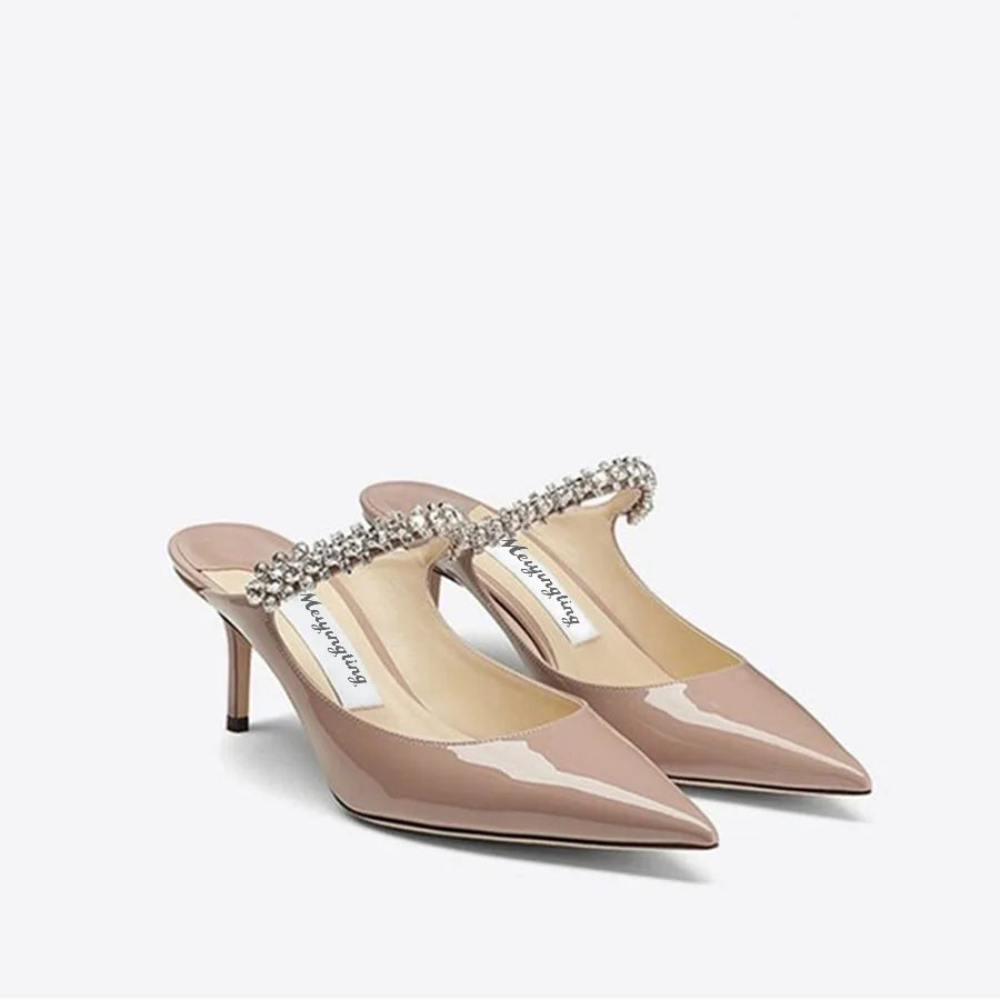 Elegant Leather Mules Pointed Toe Stylish Rhinestone Embellished High Heel Sandals Sophisticated Party Evening Shoes Footwear