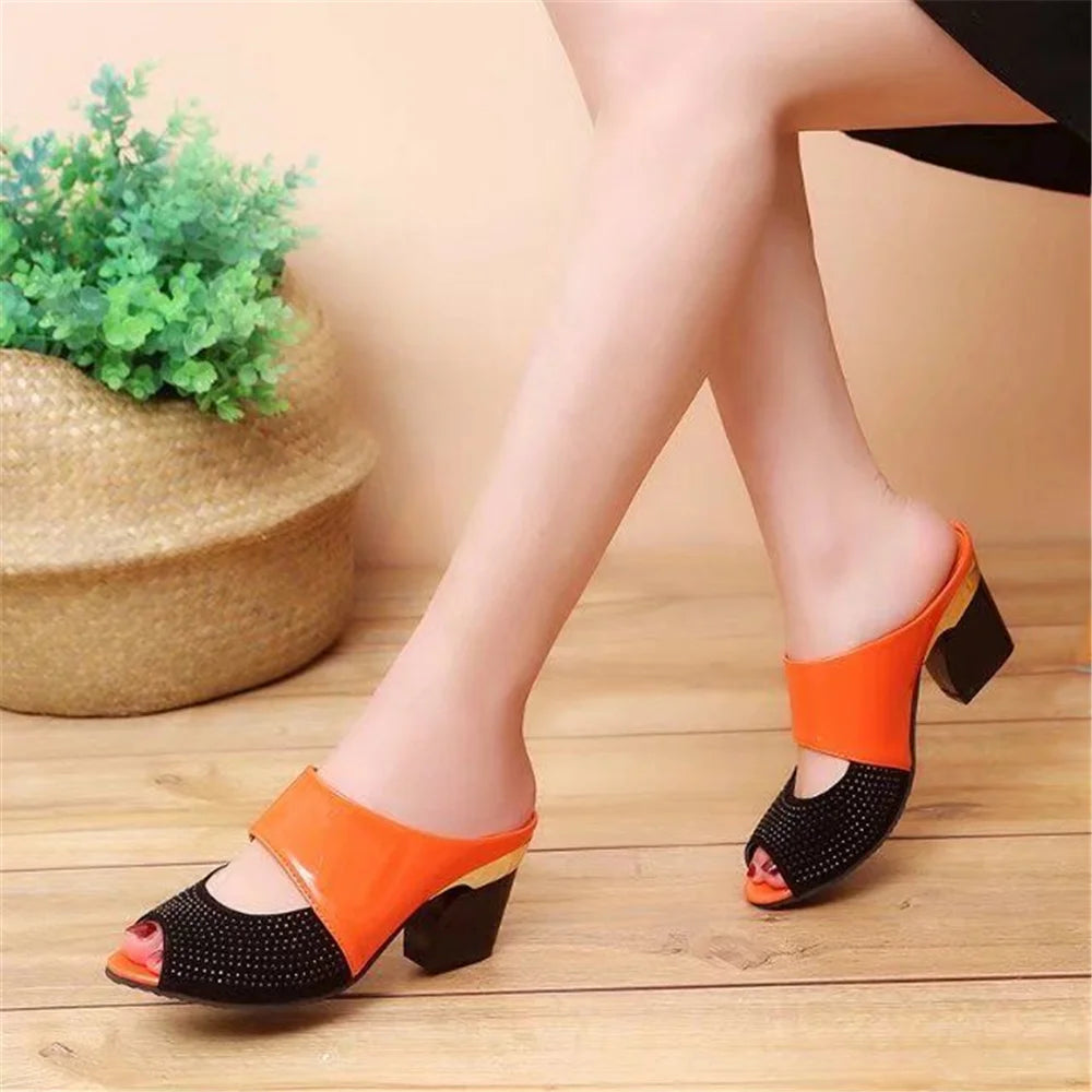 cresfimix women classic orange comfort spring slip on square heel sandal shoes lady casual black soft leather heel shoes ab642