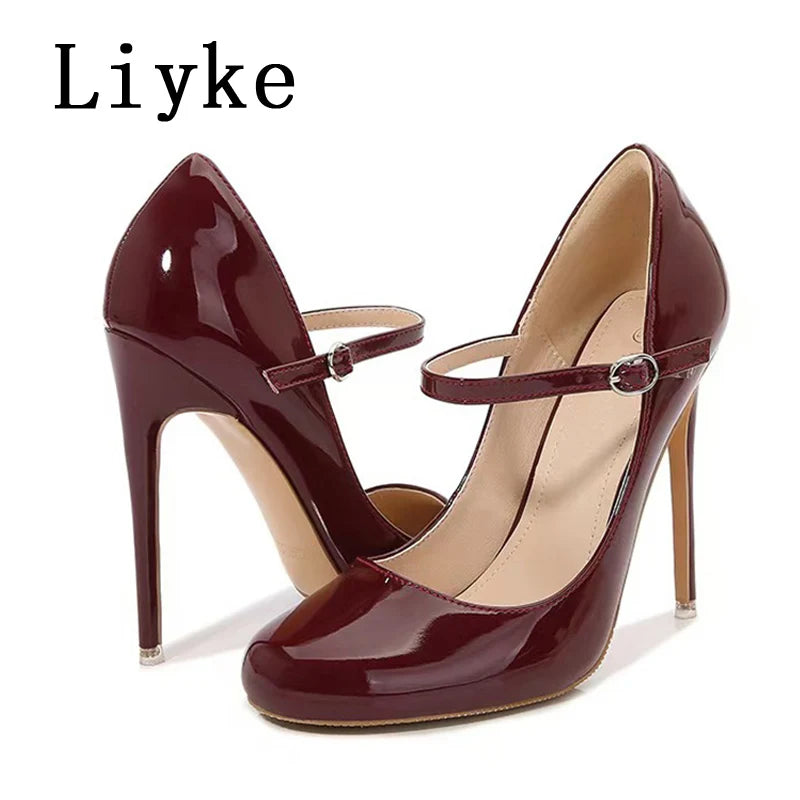 Liyke Big Size 44 45 46 Patent Leather Stiletto High Heels For Ladies Party Prom Shoe Fashion Round Toe Buckle Strap Women Pumps