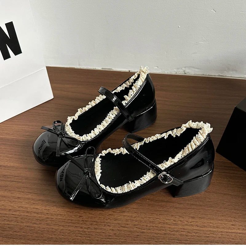 Sring Autumn Women Mary Jane Shoes Fashion Butterfly-knot Dress Shoes Ladies Concise Outdoor Thick Heel Leather Shoes