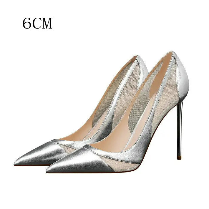 2026 Spring New Patchwork Mesh Silver High Heels For Women Pointy Shallow Mouth Temperament Slim Heel Shoes Wedding Pumps