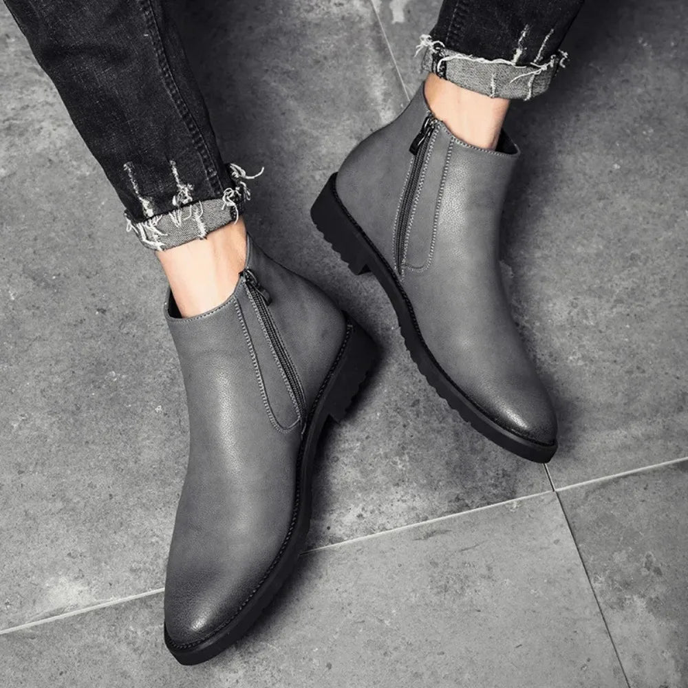 Spring Fashion Leather Men's Boots Convenient Zip Pointed Toe Business Dress Boots Shoes for Men Black Brown Ankle Boots for Man