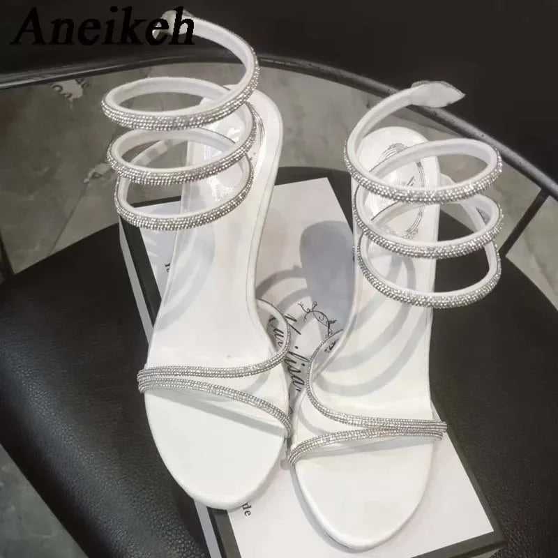 Aneikeh Star Style Luxury Crystal Snake Coiled Ankle Strap Lady Gladiator Sandals Sexy Stiletto High Heel Summer Party Prom Shoe