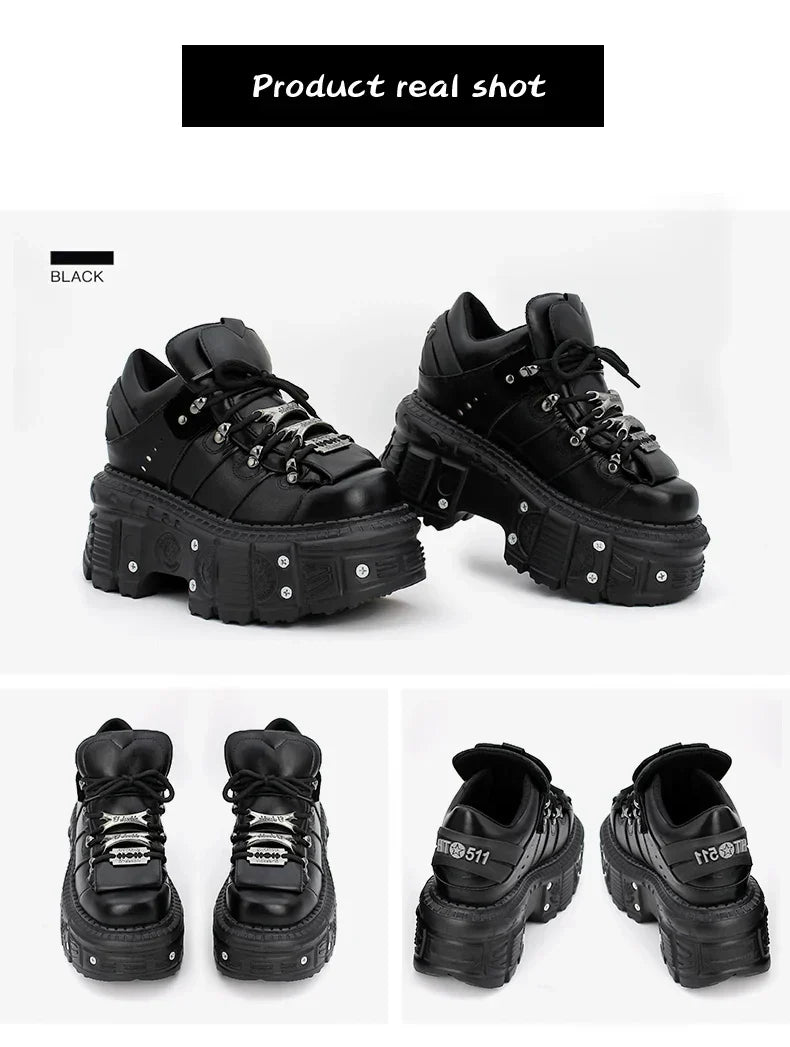 2026 New Punk Style Women Shoes Lace-up Heel Height 6CM Platform Shoes Woman Gothic Ankle Rock Boots Metal Decor Woman Sneakers