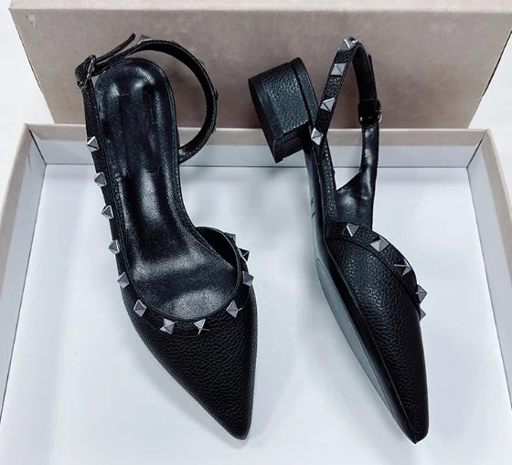 Women Real Leather Shiny Back Buckle Strap Fashionable Sandals European And American Style Trendy Shoes Closed Toe Gold Studs 42