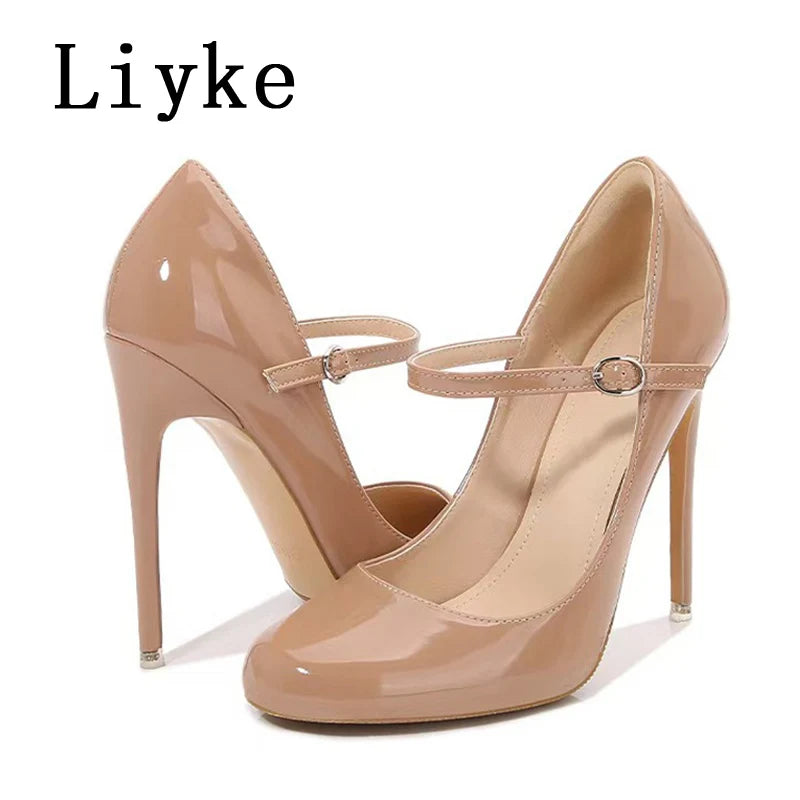 Liyke Big Size 44 45 46 Patent Leather Stiletto High Heels For Ladies Party Prom Shoe Fashion Round Toe Buckle Strap Women Pumps