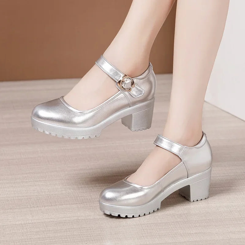 6 8 10cm Small Size 32-43 Shallow Thick Bottom Genuine Leather Shoes Platform Pumps 2026 Block High Heels Shoes Office Model