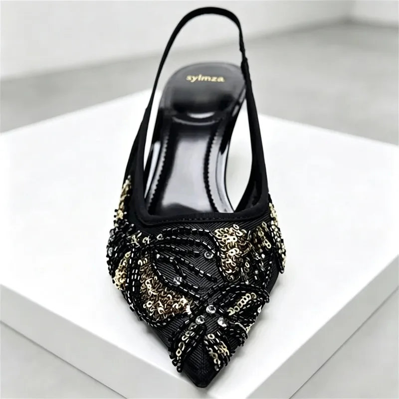 Fashion Mesh String Bead Embellished Design Heels Women Elegant Pointed Toe Back Strap Slide Sandals Black Party Dress Shoes