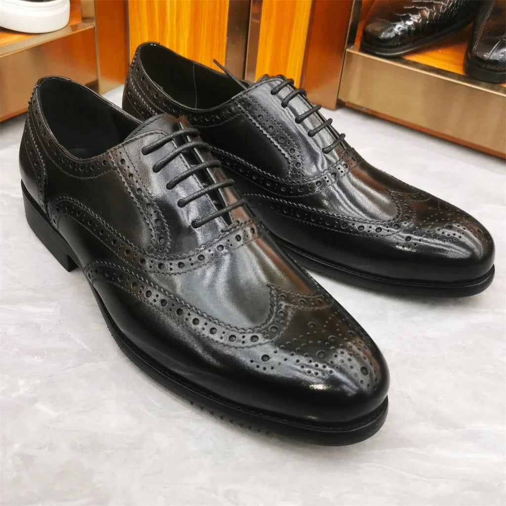 Luxury Men's Dress Shoes Genuine Leather Brogue Wingtip Toe Oxford Black Brown Lace-Up Business Wedding Formal Men Shoes