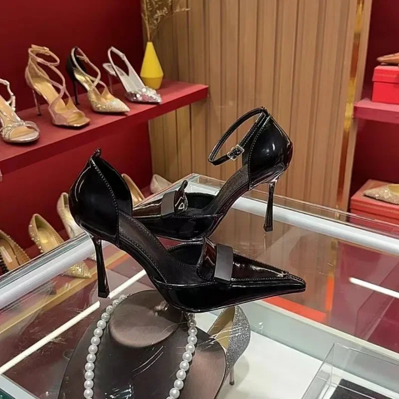 Women's Fashion Pointed Head Shallow Mouth Metal Buckle Non-slip Single Shoes Summer New Patent Leather High Heels
