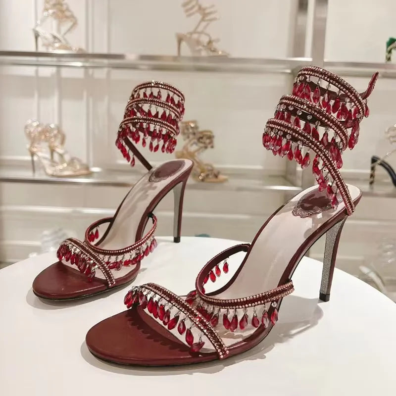Sexy High Heels Gladiator Sandals Women Crystal String Bead Snake Twine Around Ankle Strap Wedding Shoes Summer Sandals Woman