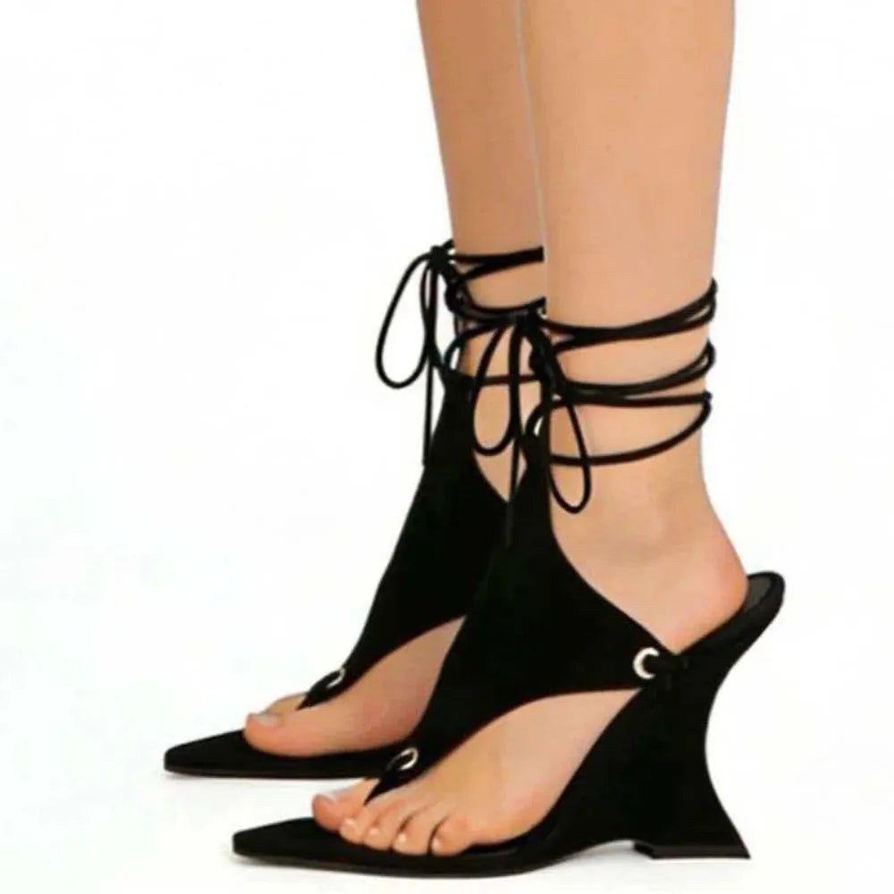 Print Wedge Heel Sandals Women's Lace-Up Flip Flops with Ankle Straps  Animal Pattern Footwear for Summer Parties & Street Style
