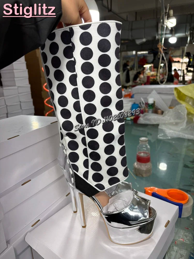 Sexy Polka Dots Knee-high Sandals Patchwork Leather Peep Toe Metal Heel Summer Boots 2026 Summer New Fashion Stiletto Women Shoe