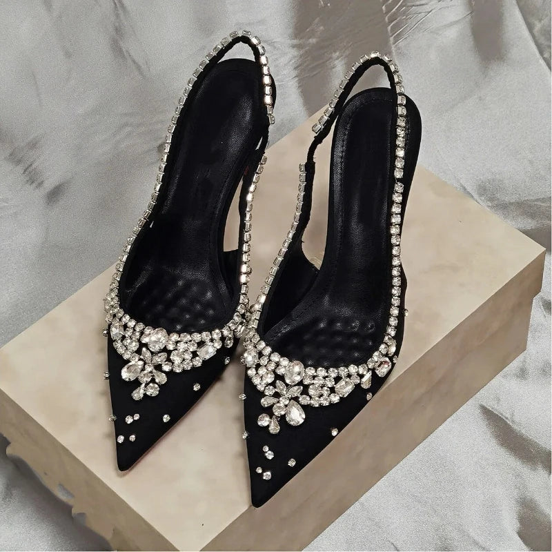 New Summer Fairy-style Rhinestone Sandals, Pointed Toe, Stiletto Heels, Satin High Heels, Exquisite Crystal Wedding Shoes, Open