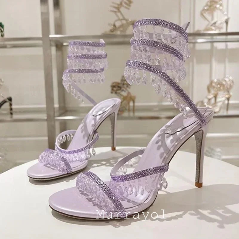 Tassels Rhinestone Decor Thin High Heels Sandalias Women Ankle Snake Shaped Strap Entanglement Sandals Summer Party Dress Shoes