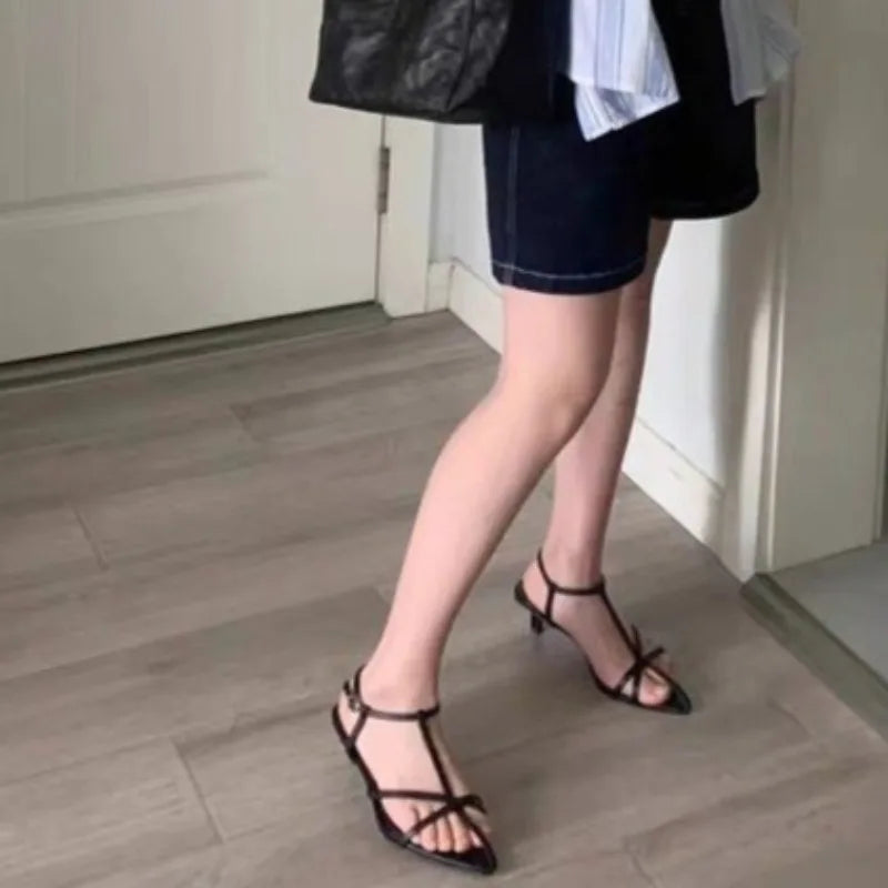 Low Heel Shoes Summer New Pointed Fine Belt Interlace Metal Buckle Line with Soft Sole Non-slip Fine Heel Sandals