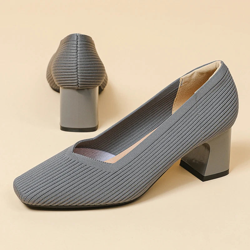 Women's High Heels Comfortable Square Knitted Breathable Comfortable Shoes (5cm High) Autumn 2025 New Collection