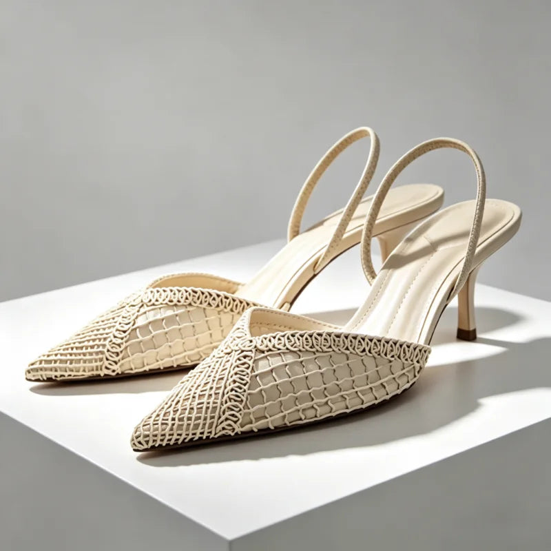 Mesh Woven Design Thin High Heels Women Sexy Pointed Toe Breathable Back Strap Heeled Sandals Elegant Beige Party Dress Shoes