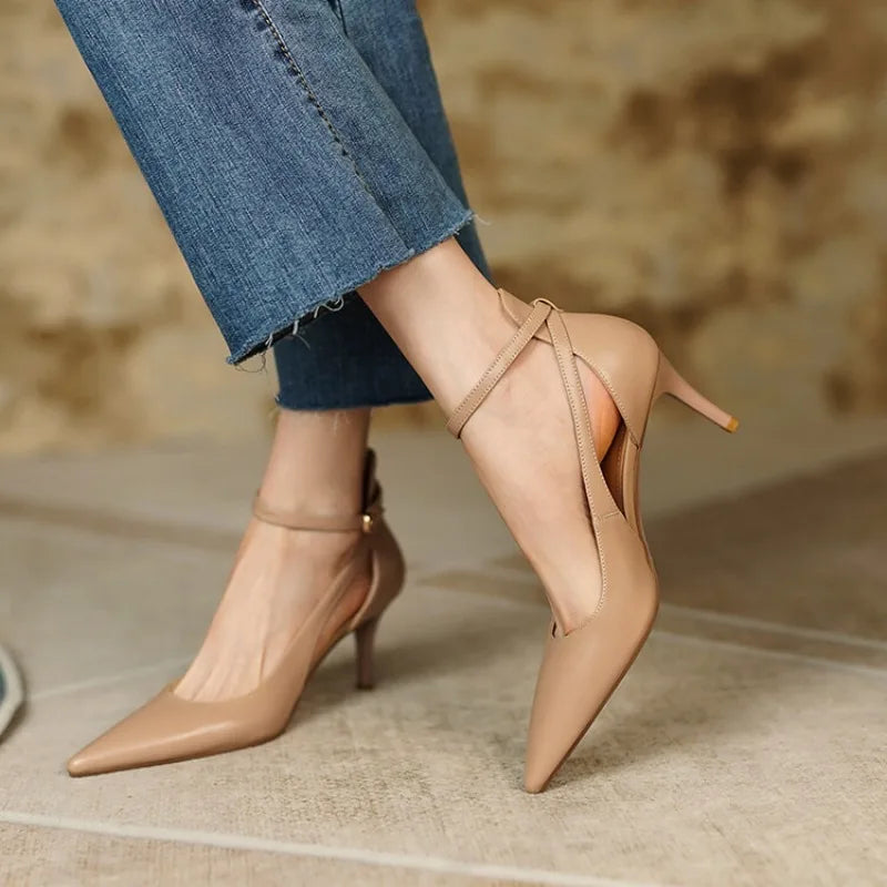 Spring Summer 2024 New Popular Women's Shoes Khaki Pointed Toe Thin Heel Strap High Heels Casual Flats Rubber Material