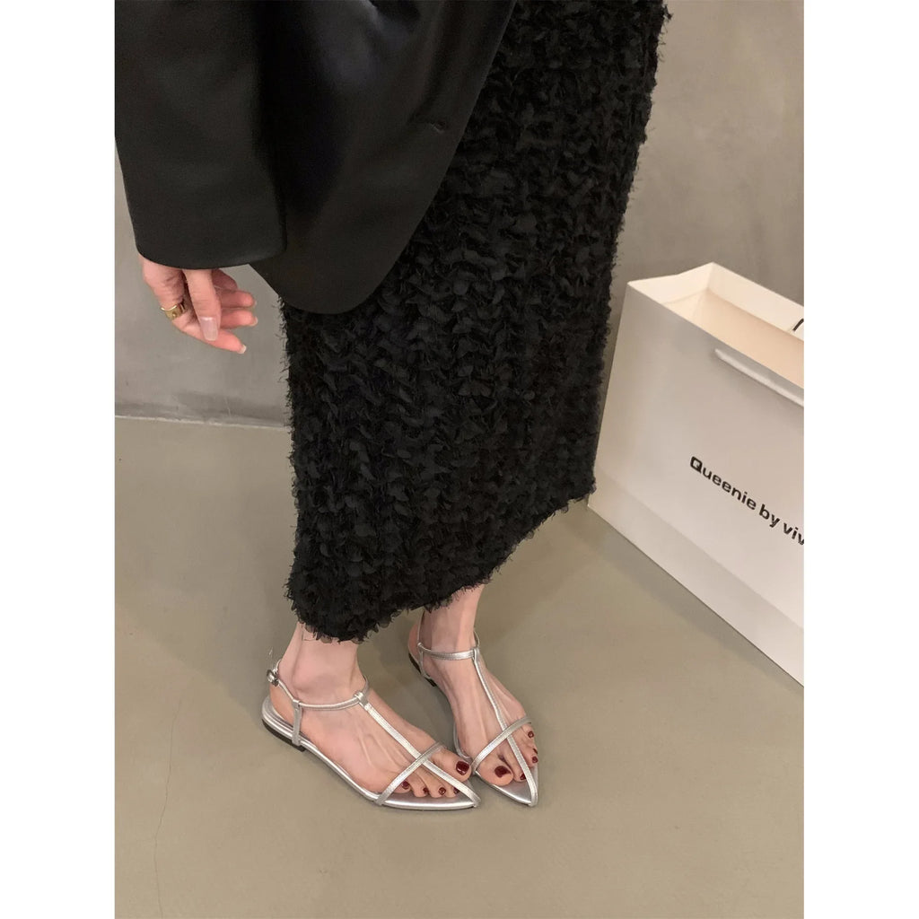 2025 Ladies Shoes Summer Sandals Suit Female Beige Open Toe Clear New Black Peep Low Girls Comfort Pointed Flat Casual Sandals