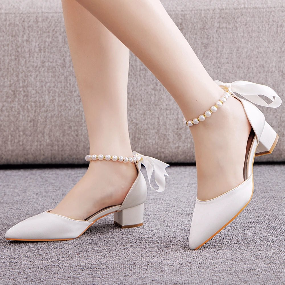 Crystal Queen Fashion Women Sexy Pumps Pointed Toe Buckle Strap Sandals Thick High Heel White Silk Beading Bride Shoes