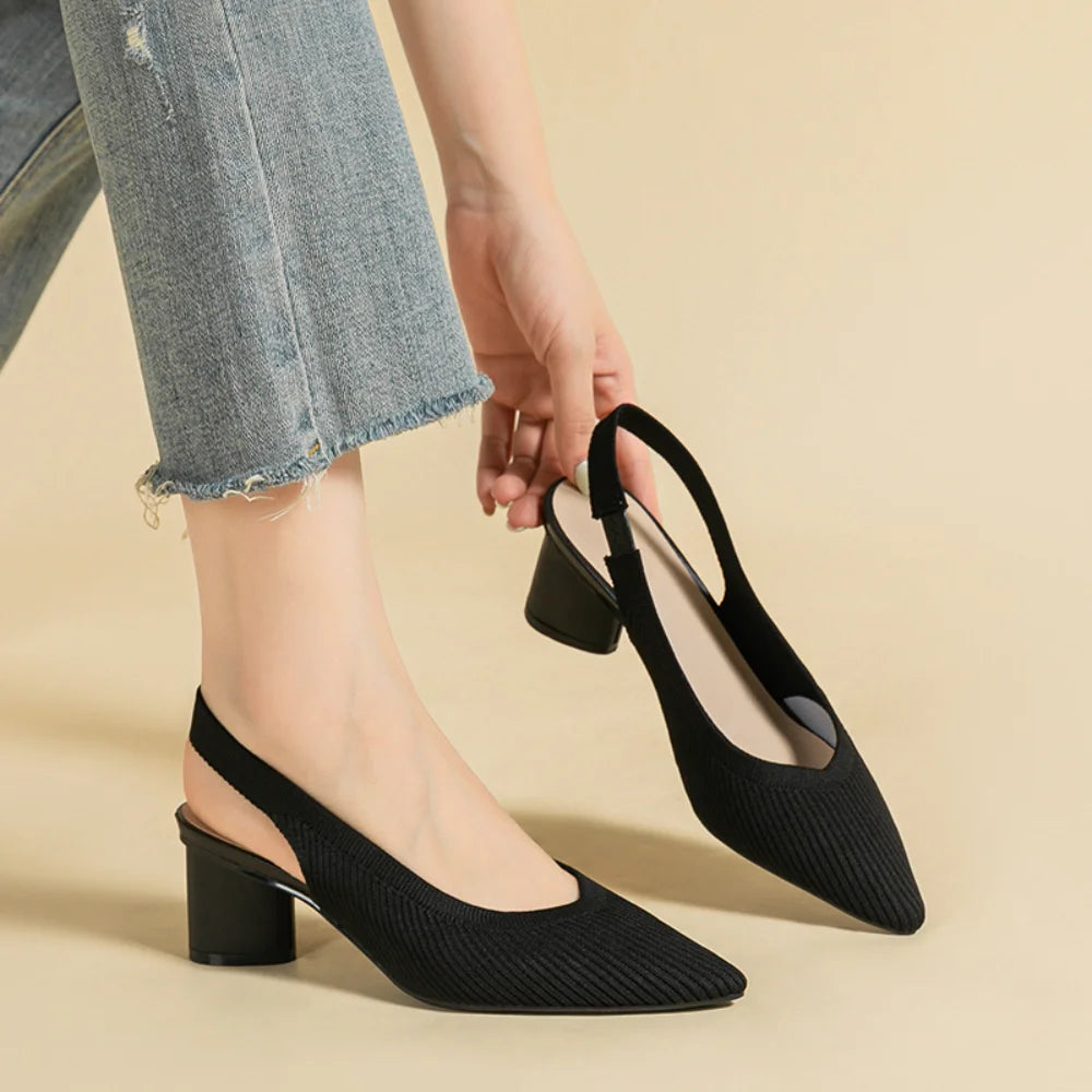 Sandals for Women Heels Knitted Rear Empty Strap Fashion Sandals Pointed Head Shallow Mouth Side Empty Daily Thick Heel Sandals