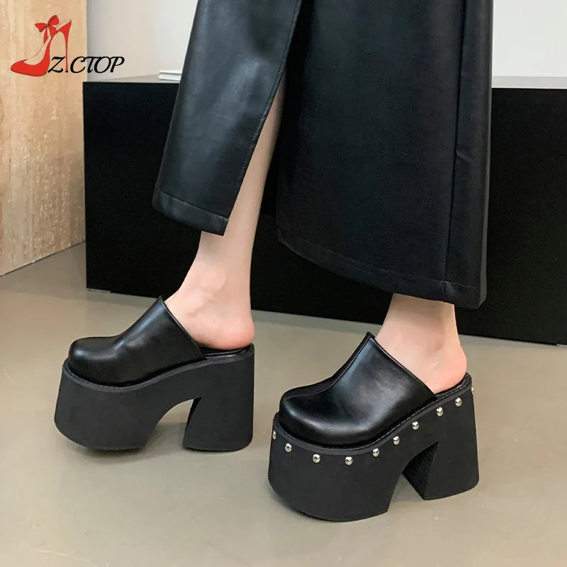 Women's Platform Sandals Black Gothic Closed Toe Chunky High Heels Slippers Rivet Slip On Y2k Punk Shoes Women Summer Size 41 42