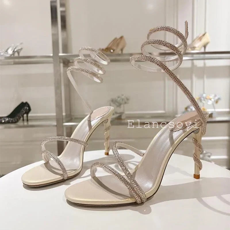Thin Heels Gladiator Sandals Women's Shiny Rhinestone Ankle Snake Shaped Winding Party Shoes Summer Fashion High Heels Sandalias