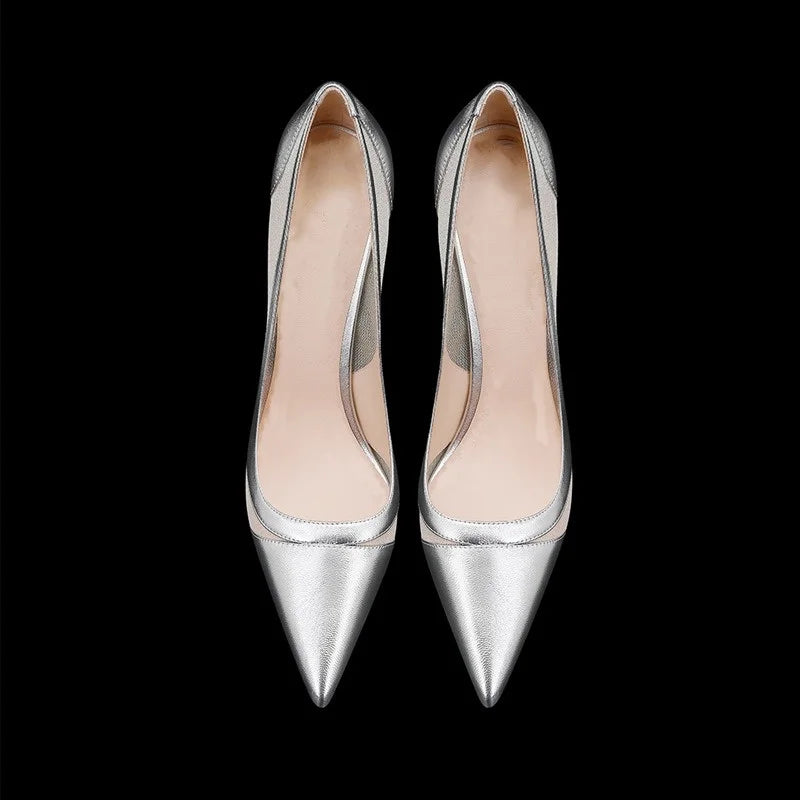 2026 Spring New Patchwork Mesh Silver High Heels For Women Pointy Shallow Mouth Temperament Slim Heel Shoes Wedding Pumps