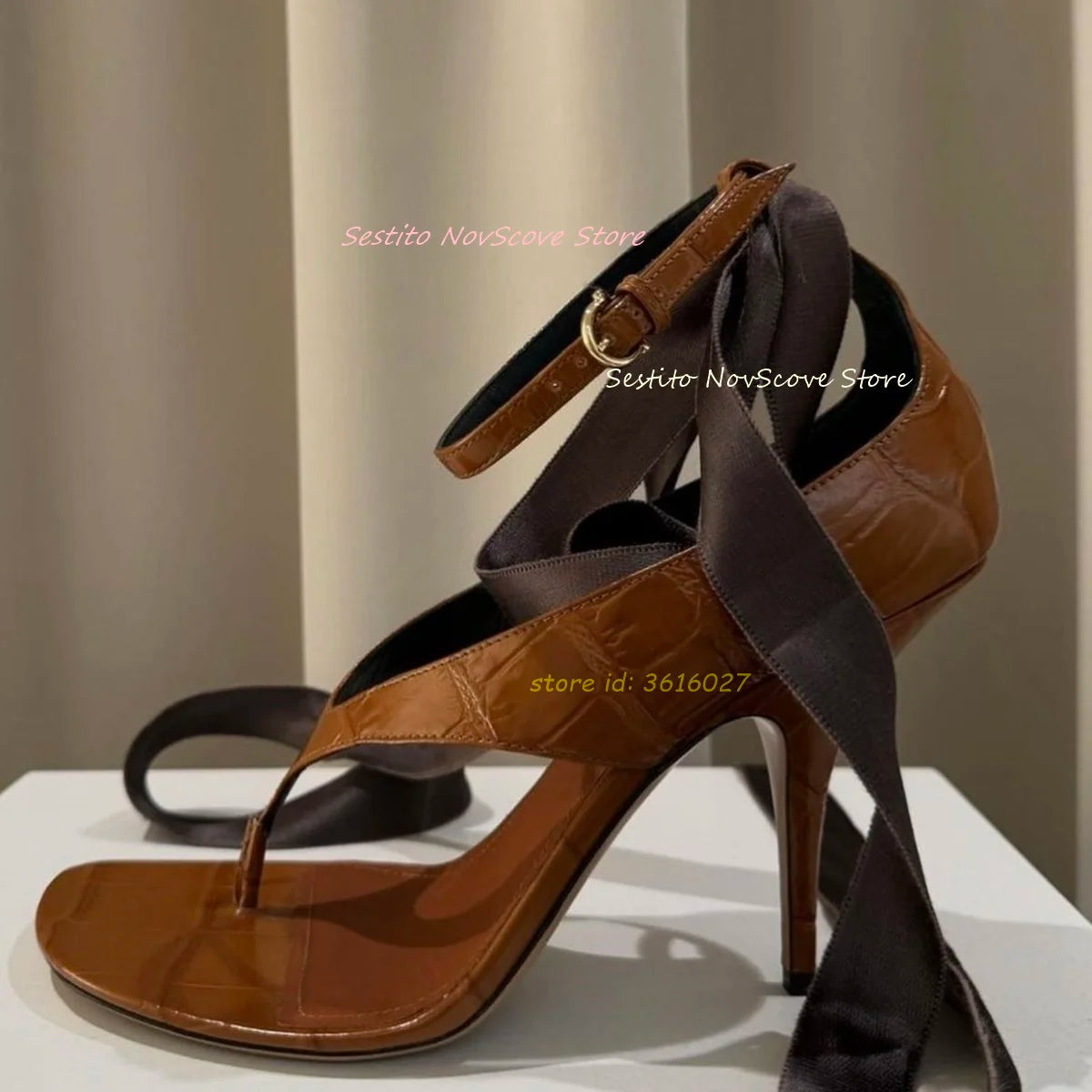 Brown Open Toe Lace Up Sandals Flip Flops Ankle Straps Buckle Stiletto Cover Heel Ankle Cross Strap Sexy Women Summer Party Shoe