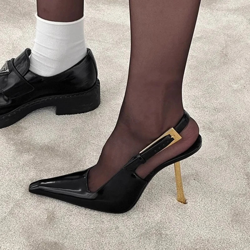 2026 New Summer French Pointed Patent Leather Fine Heel Overhead Sandals for Women Retro Skinny Heel Shoes