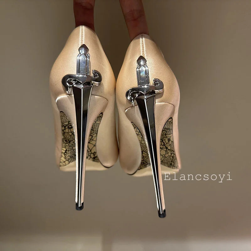 Women Pumps Real Leather Metal Sword Pointed Toe High Heel Shallow Mouth Thin Heel Single Shoes Spring Autumn Sexy Runway Shoes