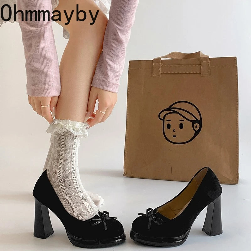 Butterfly-knot Women Mary Jane Shoes Fashion Shallow Slip On Pumps Concise Dress Thick Heel Ladies Footwear
