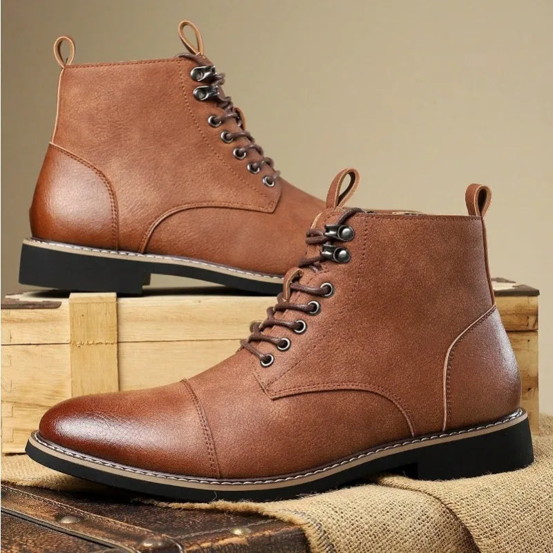 Brand Men High-top Leather Boots Classic Chelsea Boots Lace Up Pointe End Ankle Boot Men's Business Dress Boots Botas Masculinas