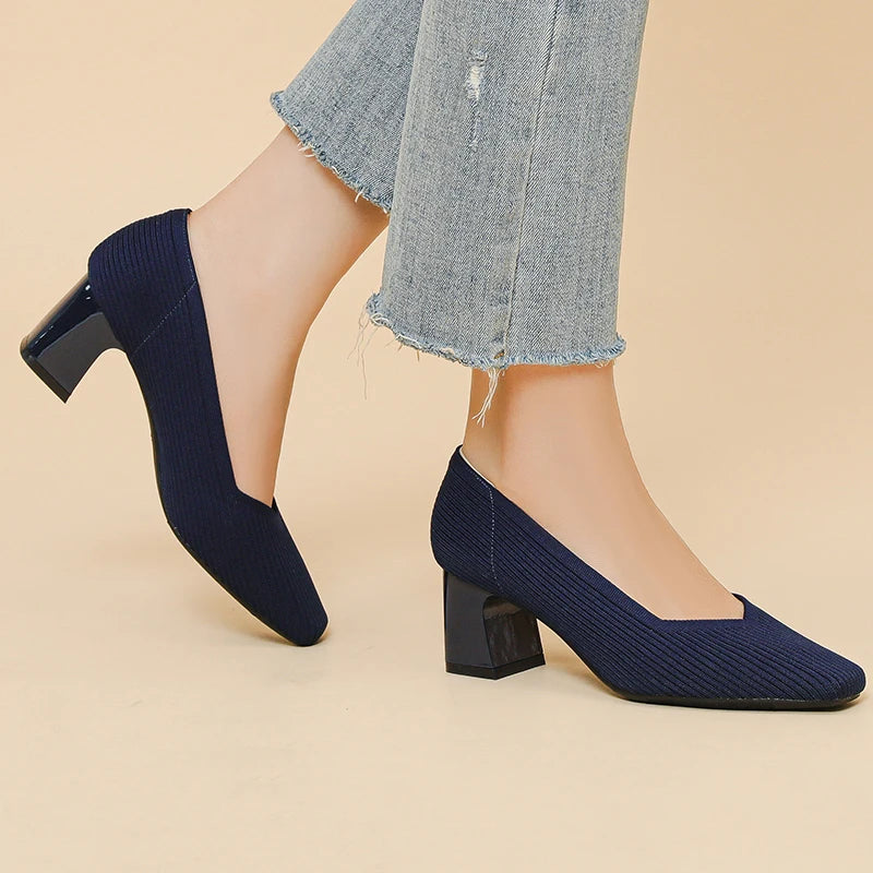 Women's High Heels Comfortable Square Knitted Breathable Comfortable Shoes (5cm High) Autumn 2025 New Collection