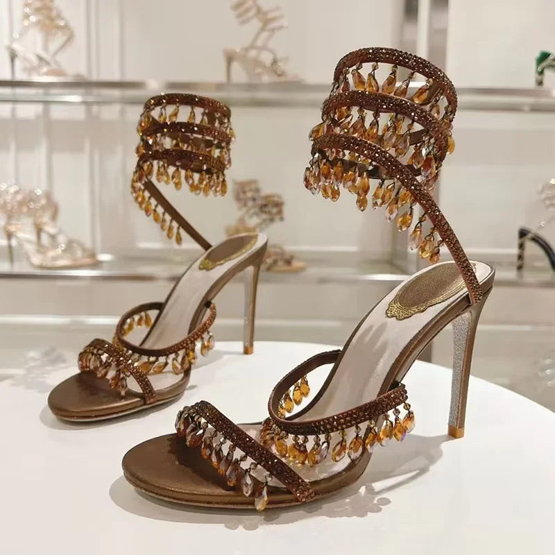 Sexy High Heels Gladiator Sandals Women Crystal String Bead Snake Twine Around Ankle Strap Wedding Shoes Summer Sandals Woman