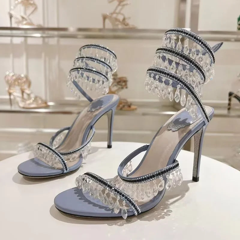 Sexy High Heels Gladiator Sandals Women Crystal String Bead Snake Twine Around Ankle Strap Wedding Shoes Summer Sandals Woman