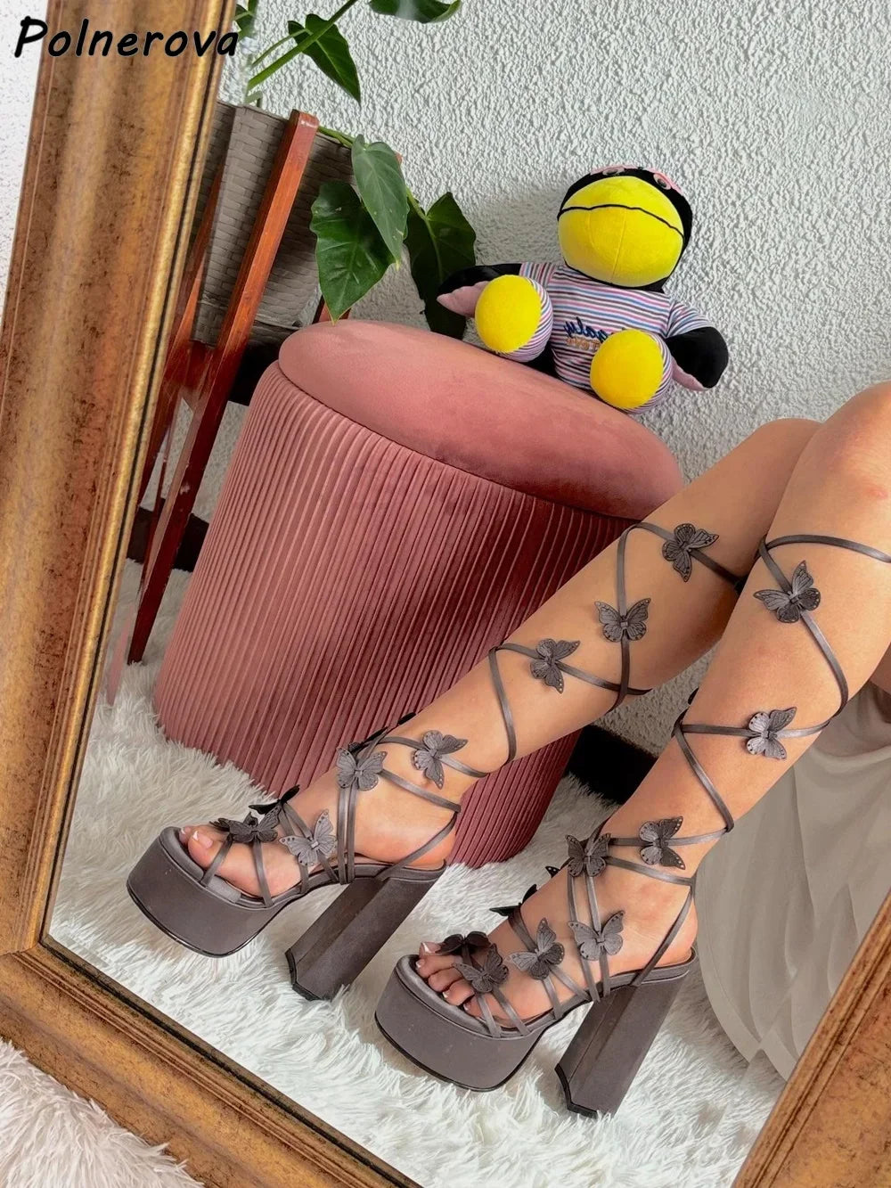 Butterfly Narrow Band Summer Sandals Round Toe Chunky Heels Platform Solid Shoes Women's Fashion Lovely Lace Up Sandals Boots