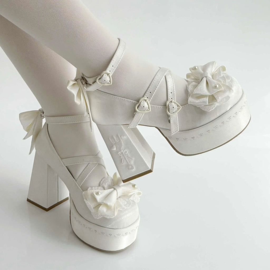 Lovely Girls Lolita High Heels Platform Shoes ,Young Women Students Sweet Pearl Lace Bowknots Embroidery Ankle Strap Mary Janes