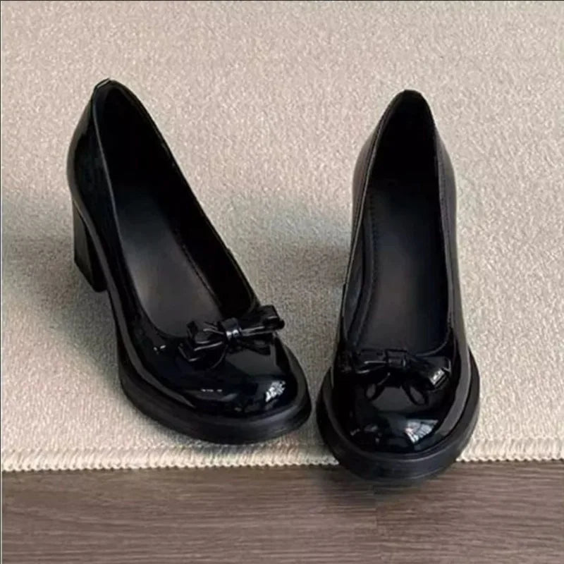 Vintage Bow Shallow Single Shoes Women Slip-On High Heels Block Heel Versatile Commuter Mary Jane Shoes