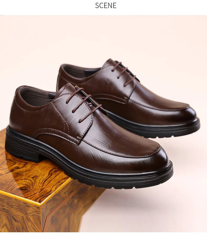 Men's Lace-up Business Casual Leather Shoes Spring Autumn New Platform Work Shoes Male Fashion Solid Color Dress Shoe Man