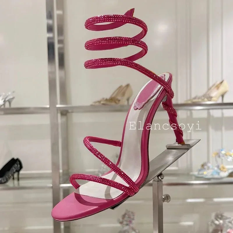 Thin Heels Gladiator Sandals Women's Shiny Rhinestone Ankle Snake Shaped Winding Party Shoes Summer Fashion High Heels Sandalias
