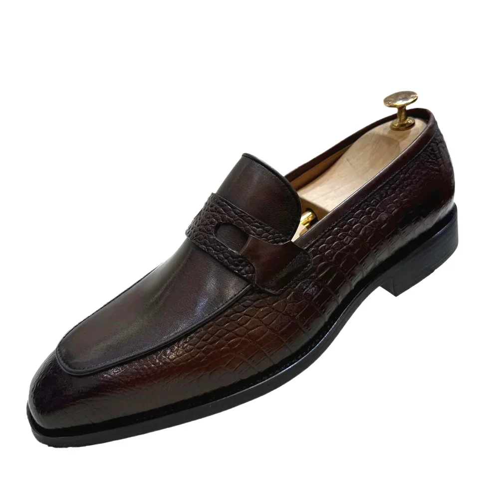 Luxury Men's Genuine Leather Dress Shoes Crocodile Print Wedding Loafers Double Buckle Business Office Formal Slip-On Shoes